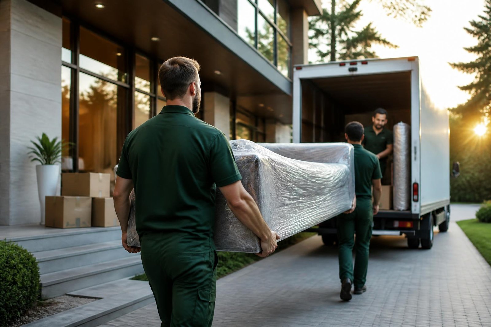 Movers loading wrapped furniture into a truck