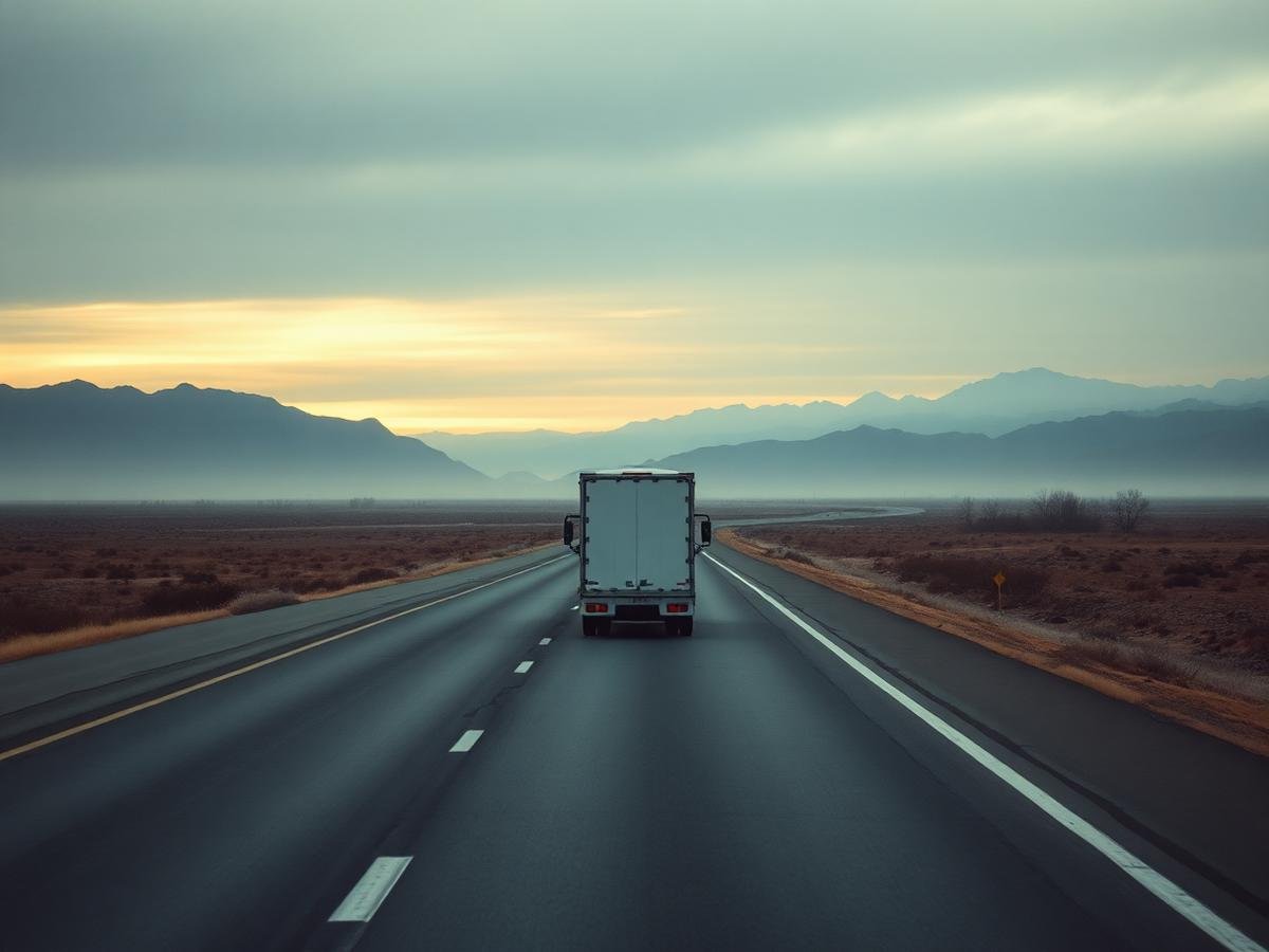 A moving truck driving down an open highway at dawn